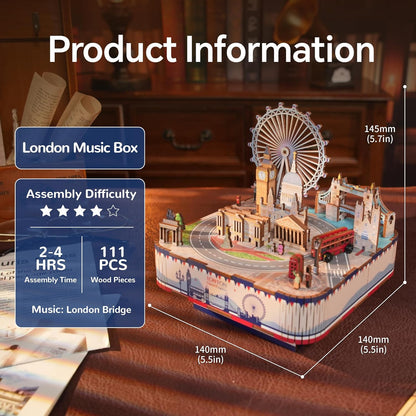Wooden London landmark music box puzzle kit featuring Big Ben and Tower Bridge, with overlaid product information