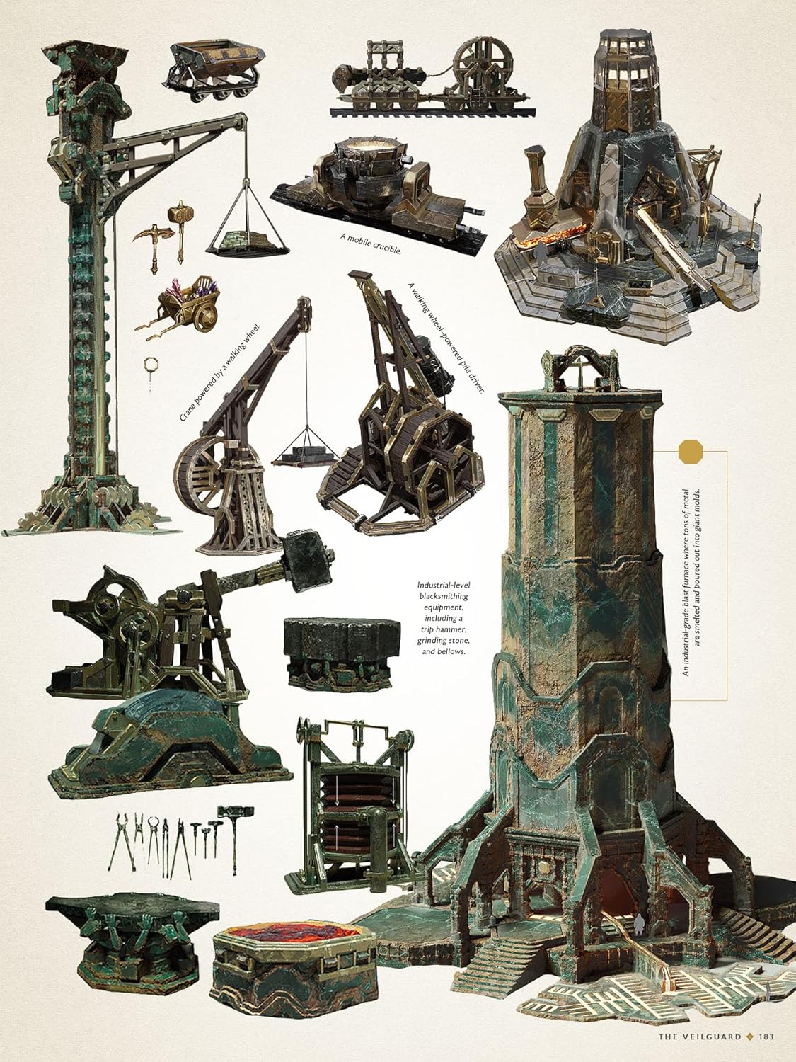 Concept art of fantastical industrial equipment: blast furnace tower, cranes, crucible, trip hammer, and forging tools