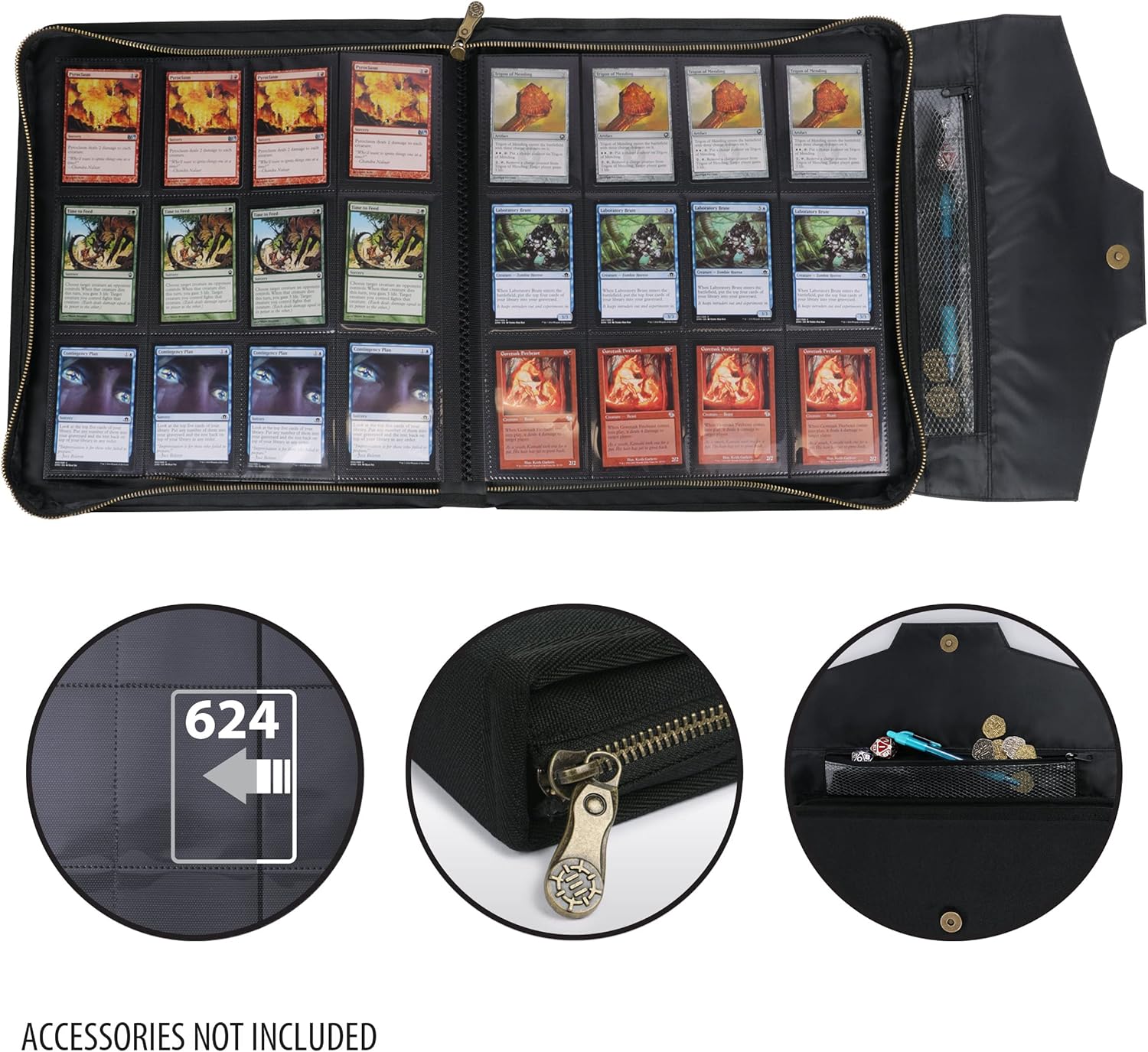 Close-ups show 624-card capacity, zipper, and accessory pocket