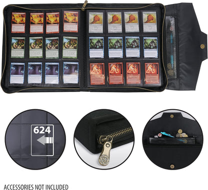 Close-ups show 624-card capacity, zipper, and accessory pocket