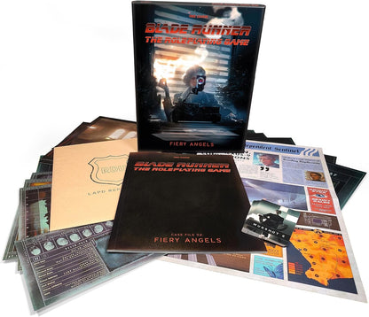 Blade Runner The Roleplaying Game box stands upright, surrounded by rulebooks, character sheets and prop documents