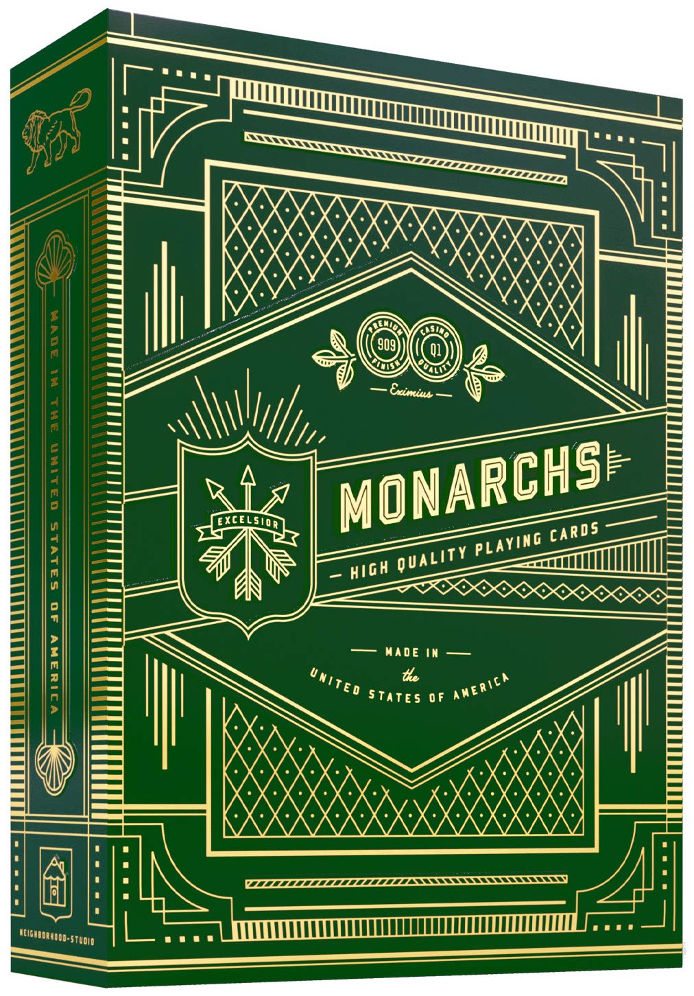 Dark green box of Monarchs High Quality Playing Cards, featuring ornate gold foil designs