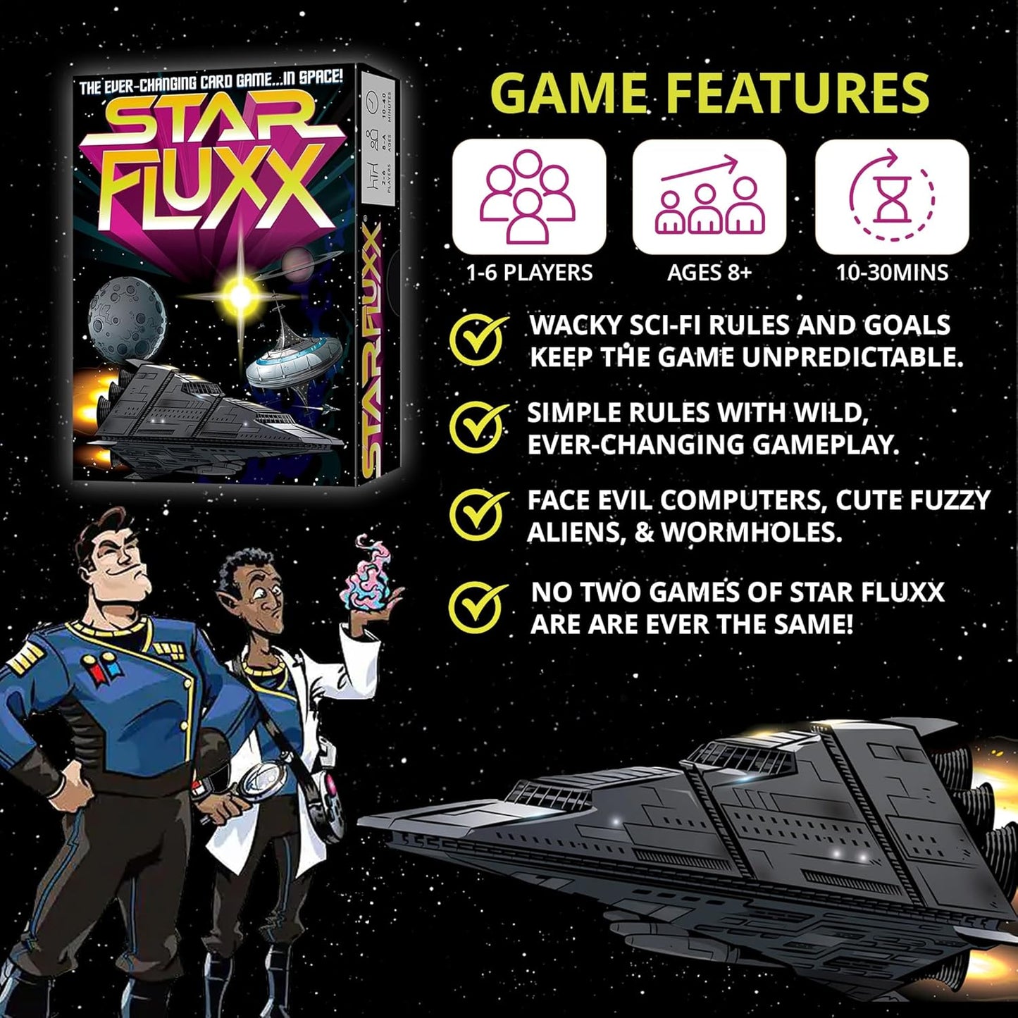Advertisement for Star Fluxx card game, showing box, sci-fi characters, spaceships, and game features.