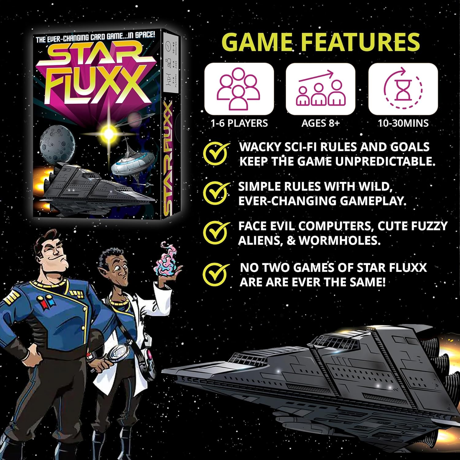 Advertisement for Star Fluxx card game, showing box, sci-fi characters, spaceships, and game features.