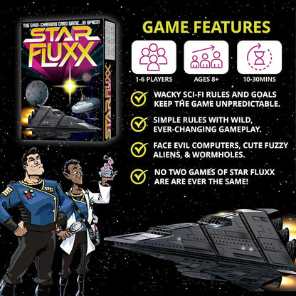 Advertisement for Star Fluxx card game, showing box, sci-fi characters, spaceships, and game features.