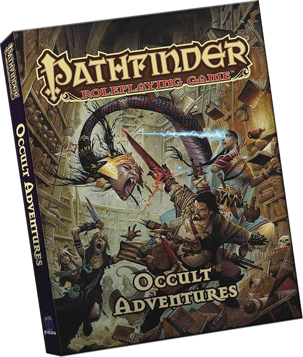 Pathfinder Roleplaying Game: Occult Adventures box. Art shows heroes battling a snake creature and ghouls in a crumbling library