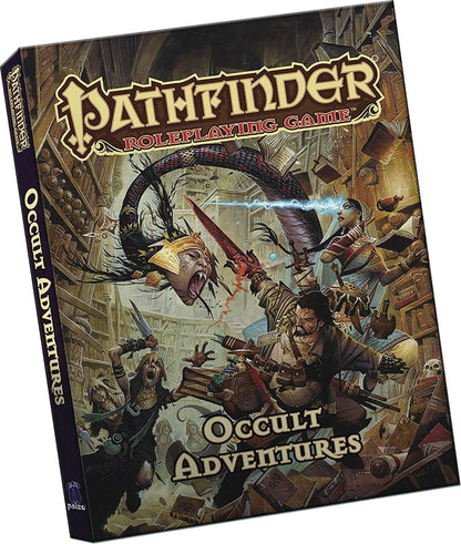 Pathfinder Roleplaying Game: Occult Adventures box. Art shows heroes battling a snake creature and ghouls in a crumbling library