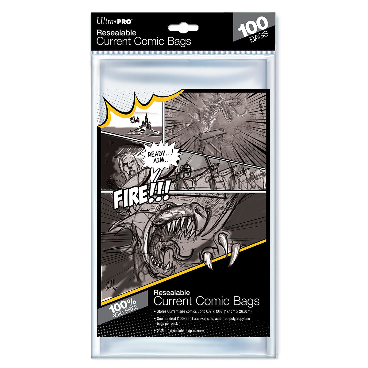 A clear package of Current Size Resealable Comic Bags showing a black-and-white comic illustration of a dragon and warriors