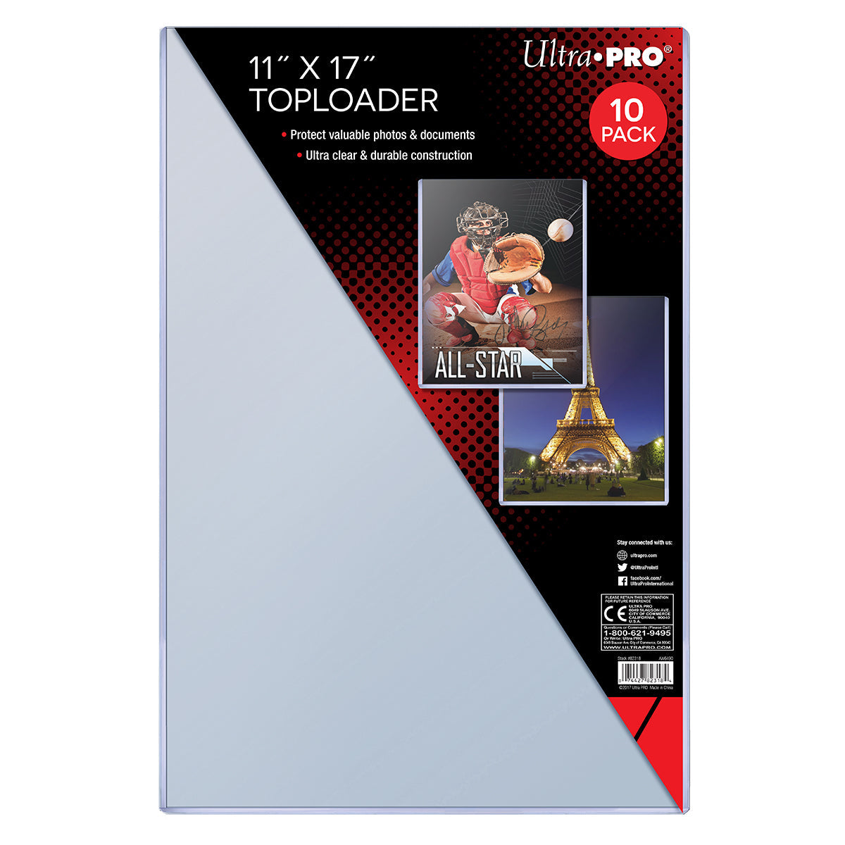 Ultra Pro 11x17 inch toploader, a 10-pack of clear, durable plastic sleeves for photos and documents