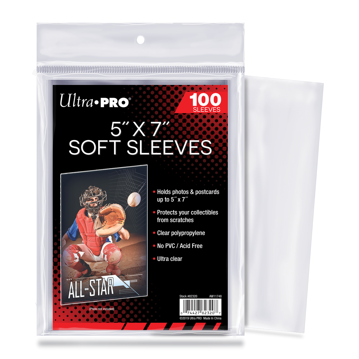 A package of 100 Ultra Pro 5x7 inch clear soft sleeves for photos and collectibles, featuring a baseball catcher