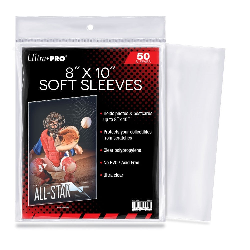 A package of Ultra PRO 8x10 soft sleeves, 50-pack, featuring a baseball catcher graphic.