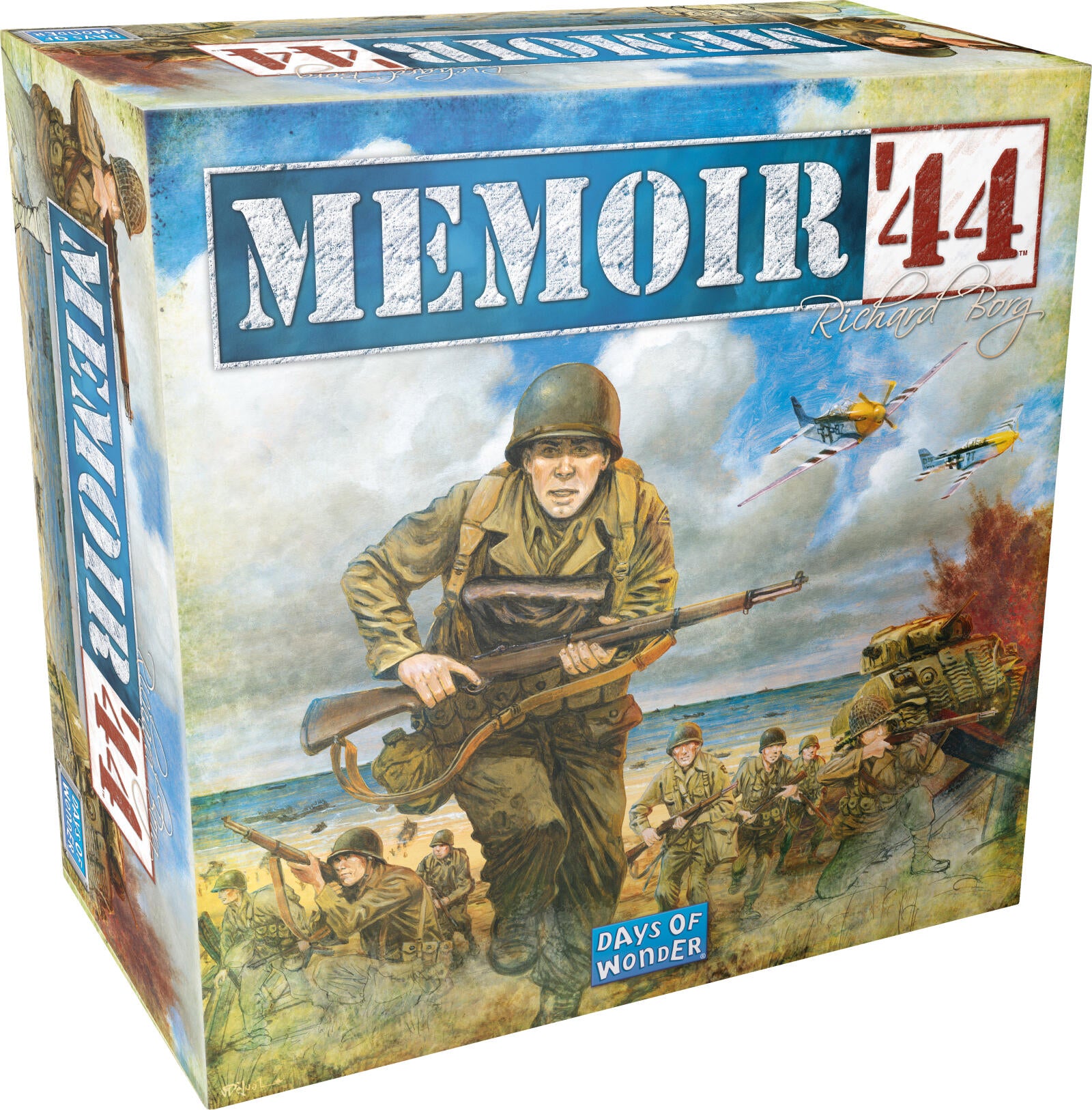 Memoir 44 board game box featuring soldiers landing on a beach, with a tank, planes, and explosions under a blue sky