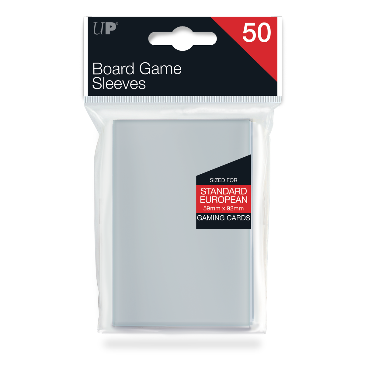 A sealed pack of 50 clear UP brand board game sleeves, sized for 59x92mm European gaming cards