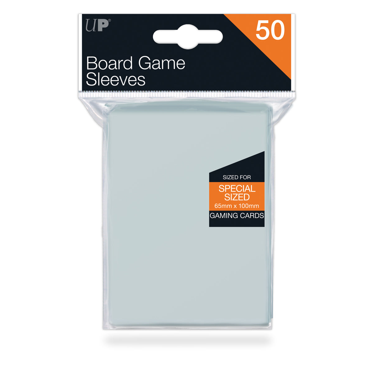 Clear plastic pack of 50 UP Board Game Sleeves, sized 65x100mm for gaming cards
