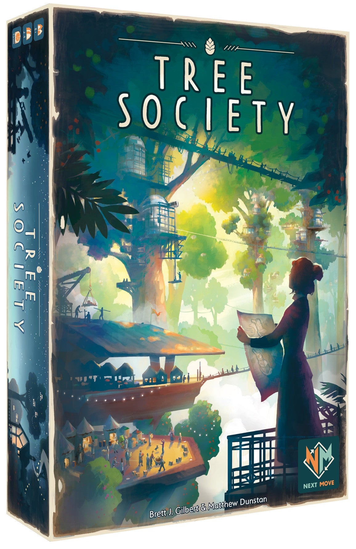 Board game box with colorful tree artwork