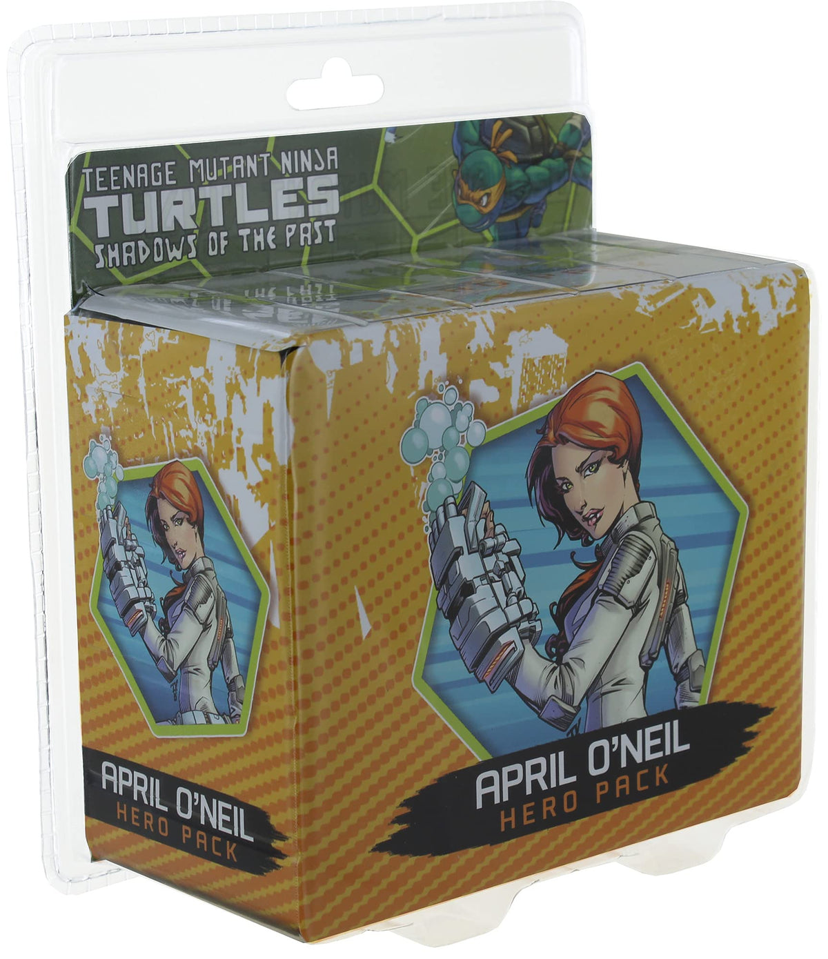 A Teenage Mutant Ninja Turtles Shadows of the Past Hero Pack showing April O&#39;Neil on the box with a futuristic weapon, enclosed in clear plastic