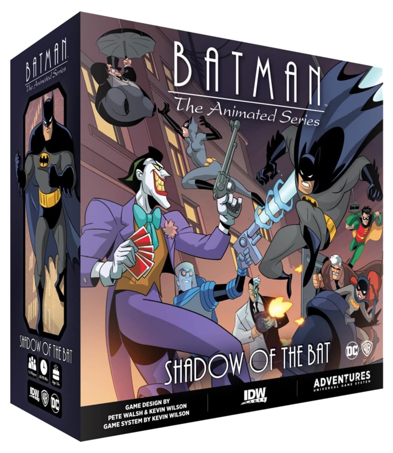 The Batman The Animated Series Shadow of the Bat board game box features Batman, Robin, Batgirl, and villains like Joker, Penguin, Catwoman, and Two-Face in action