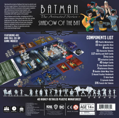 Batman The Animated Series Adventures – Shadow of the Bat board game box showing animated characters, a game setup with white miniatures, cards, dice, and text