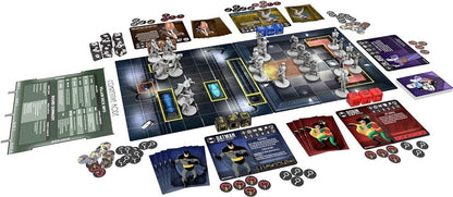 Batman The Animated Series Adventures – Shadow of the Bat board game laid out with miniature figures, character cards for Batman, Robin, and villains, dice, tokens, and game sheets
