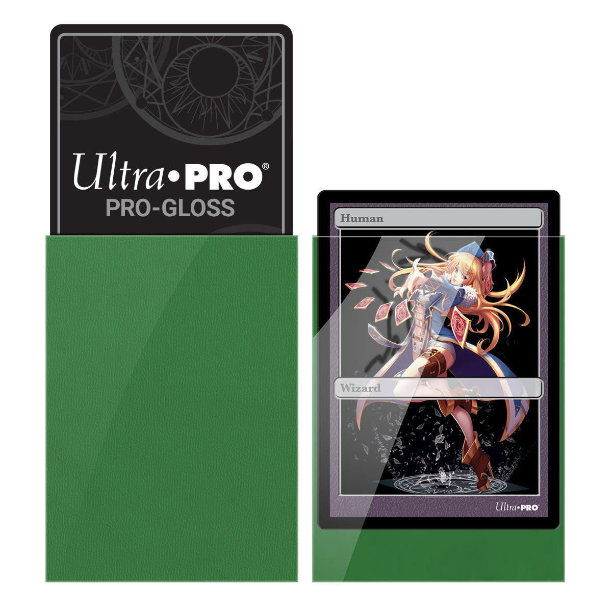 Green Ultra PRO card sleeves protecting a black branded sleeve and a Human Wizard trading card