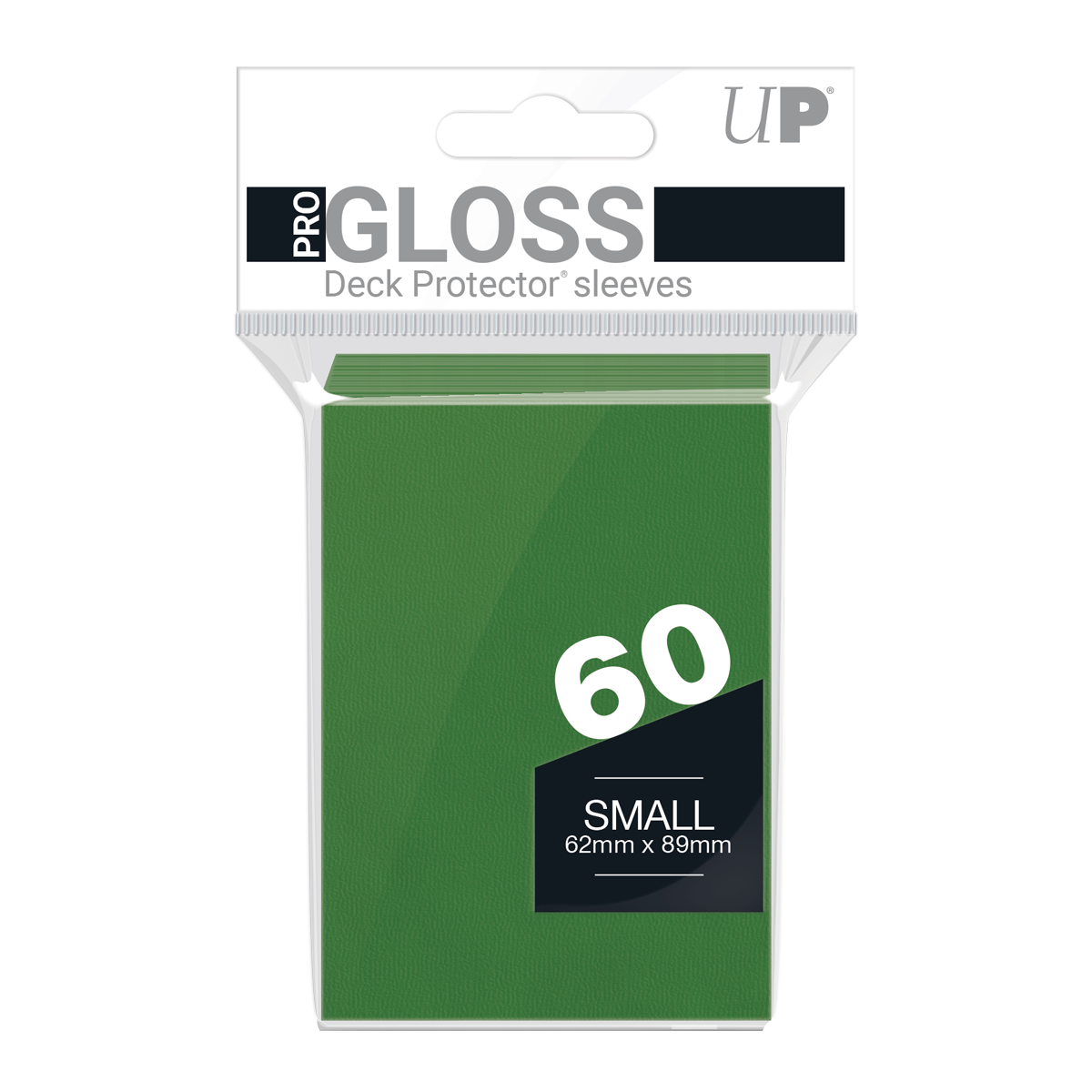 Package of 60 green Pro Gloss Small Deck Protector sleeves measuring 62mm x 89mm