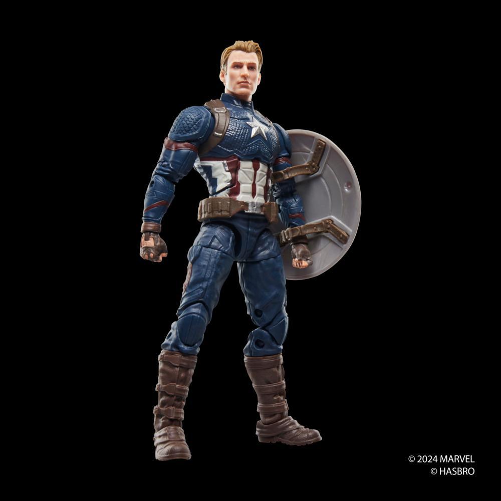 A Marvel Legends Series Captain America Action Figure stands in a blue, red, and white suit with a shield on its back against a black background
