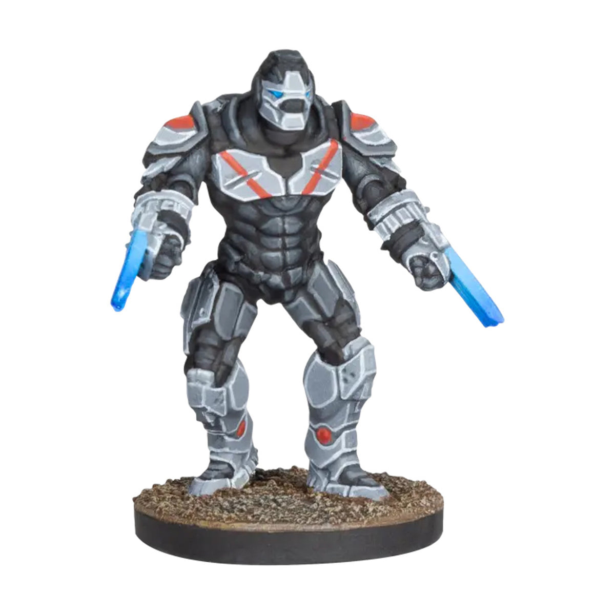 Close-up of detailed sci-fi Enforcer miniature holding dual Phase Claws
