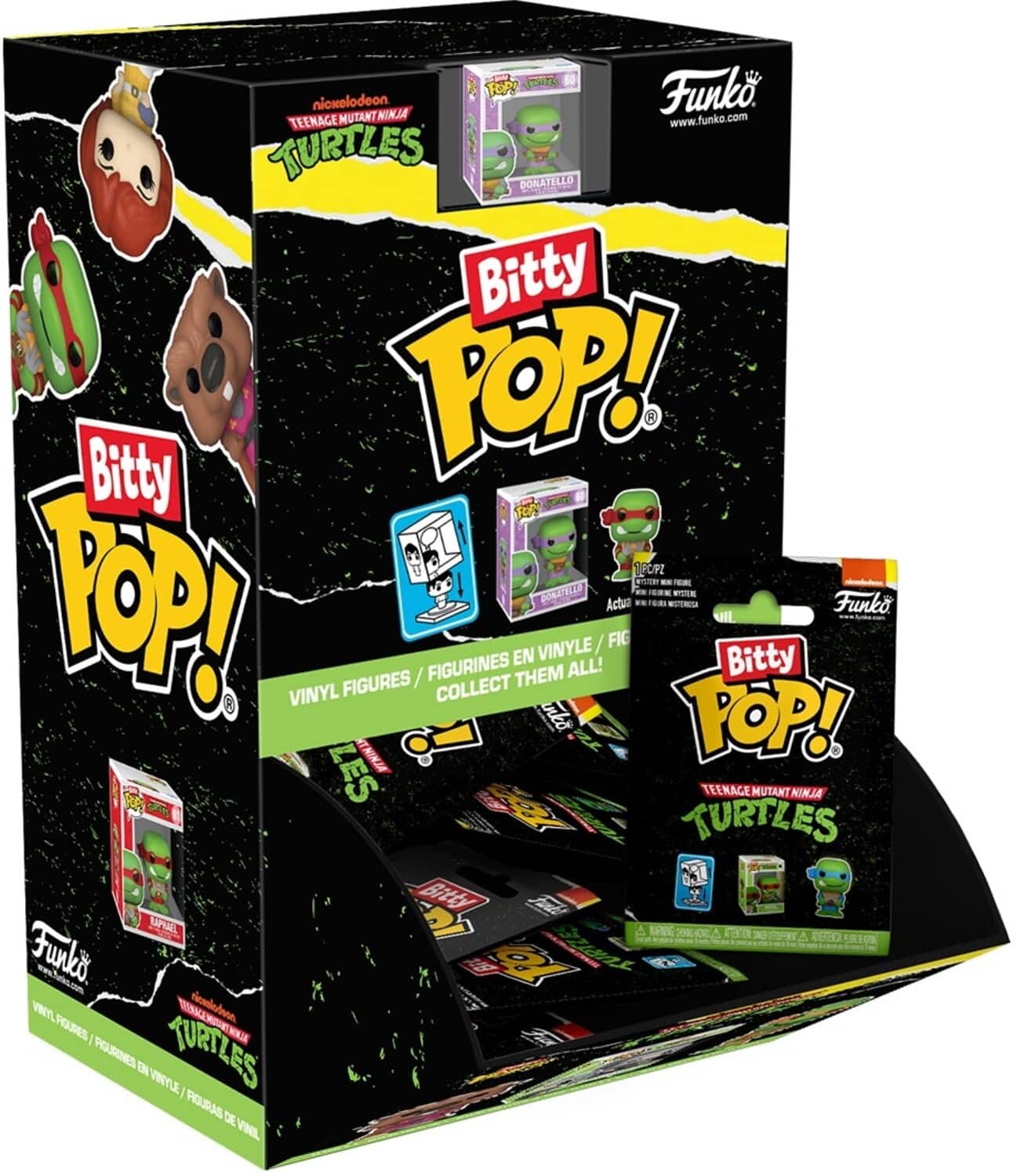 Funko Bitty Pop! counter display box showcasing miniaturized Teenage Mutant Ninja Turtles vinyl figures