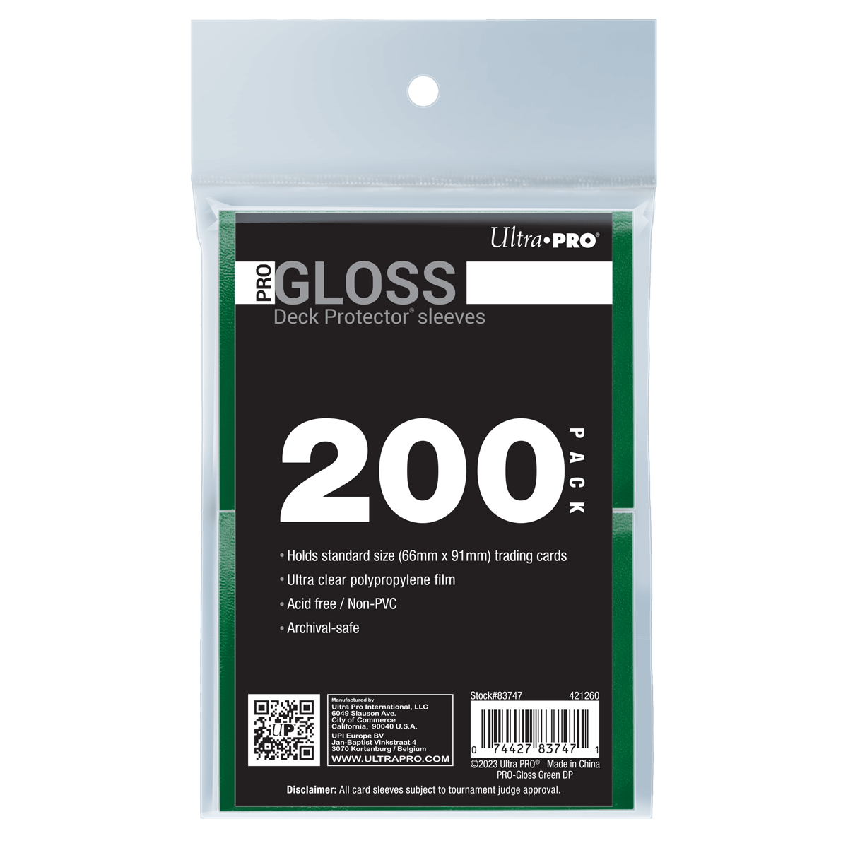 A package of 200 Ultra PRO PRO GLOSS green deck protector sleeves for standard trading cards