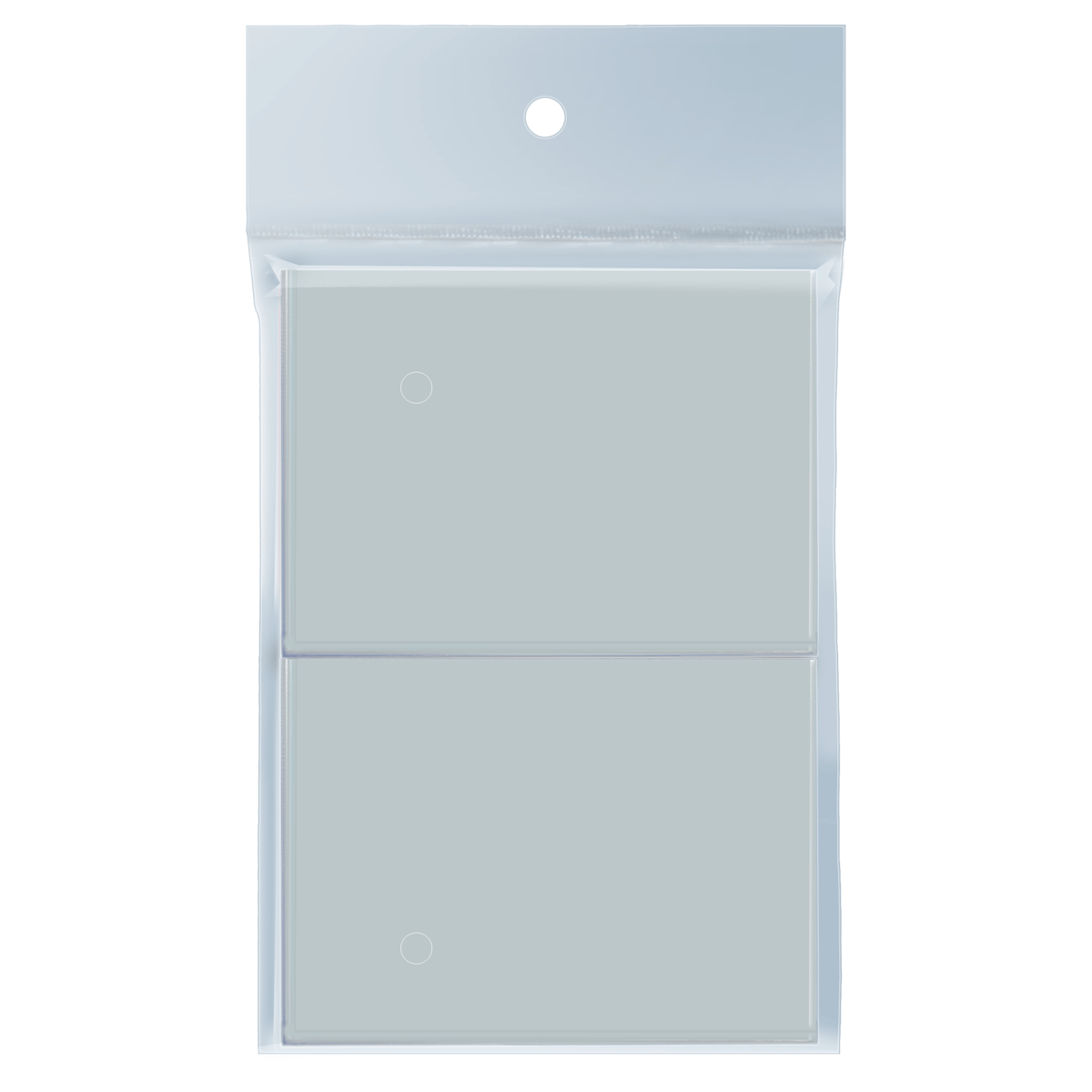 A clear plastic package contains two stacks of transparent deck protector sleeves with a black hang hole