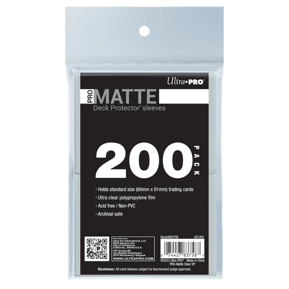 A clear plastic package of 200 Ultra Pro PRO-Matte Standard Deck Protector Sleeves with a black label detailing features