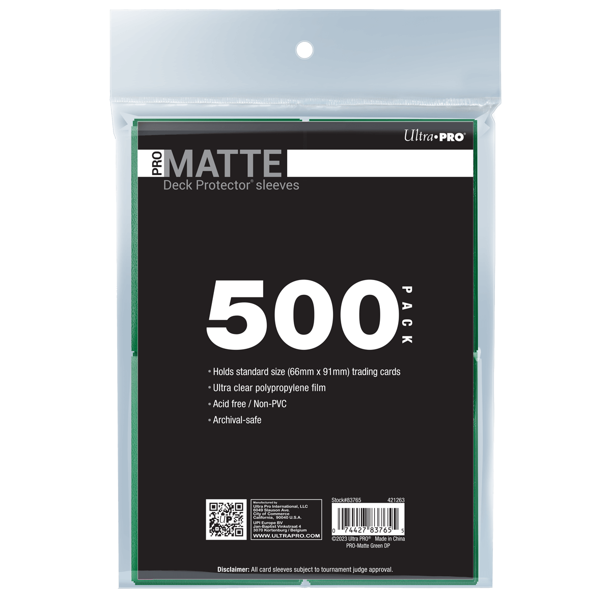 A pack of 500 green Ultra PRO PRO-Matte Deck Protector sleeves for standard trading cards