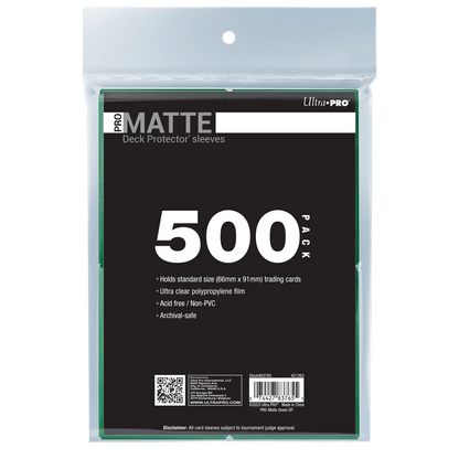A pack of 500 green Ultra PRO PRO-Matte Deck Protector sleeves for standard trading cards