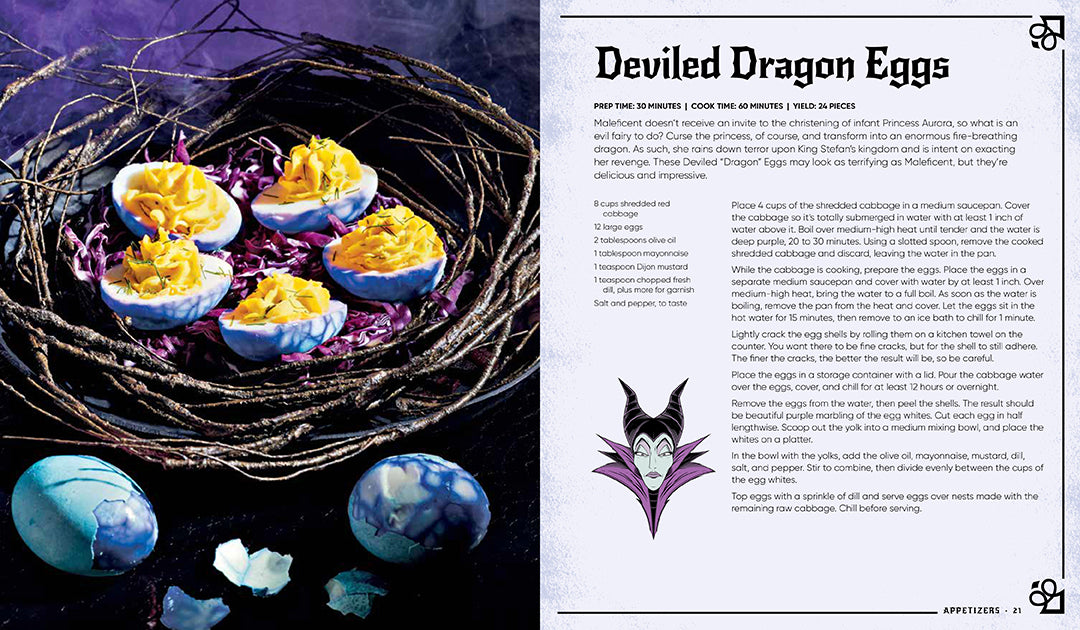 A page from the Disney Villains cookbook displays the "Deviled Dragon Eggs" recipe with blue deviled eggs in a dark nest and a Maleficent drawing