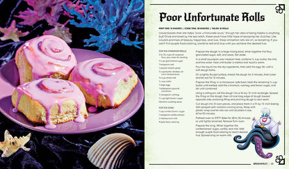 A page from the Disney Villains cookbook features three pink-iced cinnamon rolls on a purple plate next to the recipe for 'Poor Unfortunate Rolls' and an illustration of Ursula