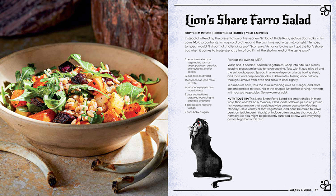 An open page from the Disney Villains cookbook presents the 'Lion's Share Farro Salad' recipe, featuring a colorful salad bowl, scattered bones, and a Scar illustration