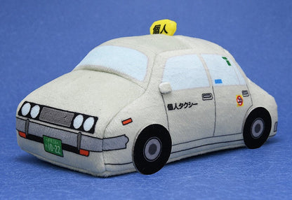 Plush toy modeled after a white Japanese taxi with a yellow Individual sign on top