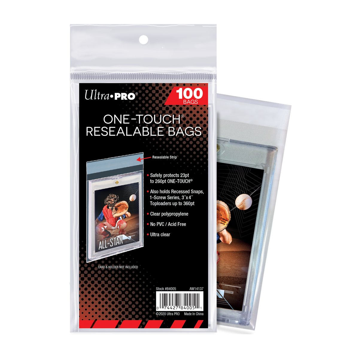Ultra PRO One-Touch Resealable Bags (100-pack) for protecting card holders shown with a baseball card example