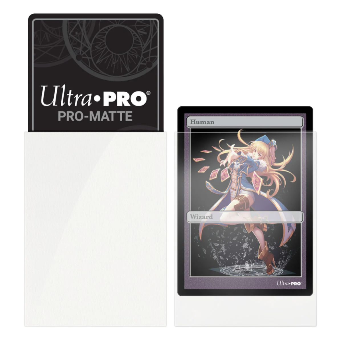 Ultra PRO PRO Matte white card sleeves back shown next to a sleeved trading card with anime wizard art
