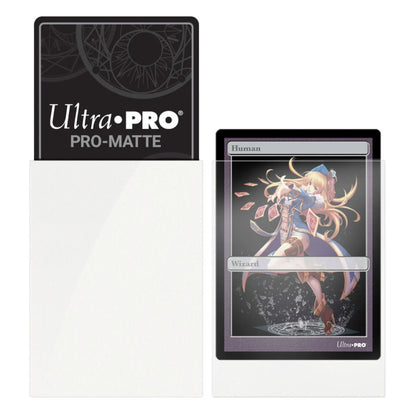 Ultra PRO PRO Matte white card sleeves back shown next to a sleeved trading card with anime wizard art