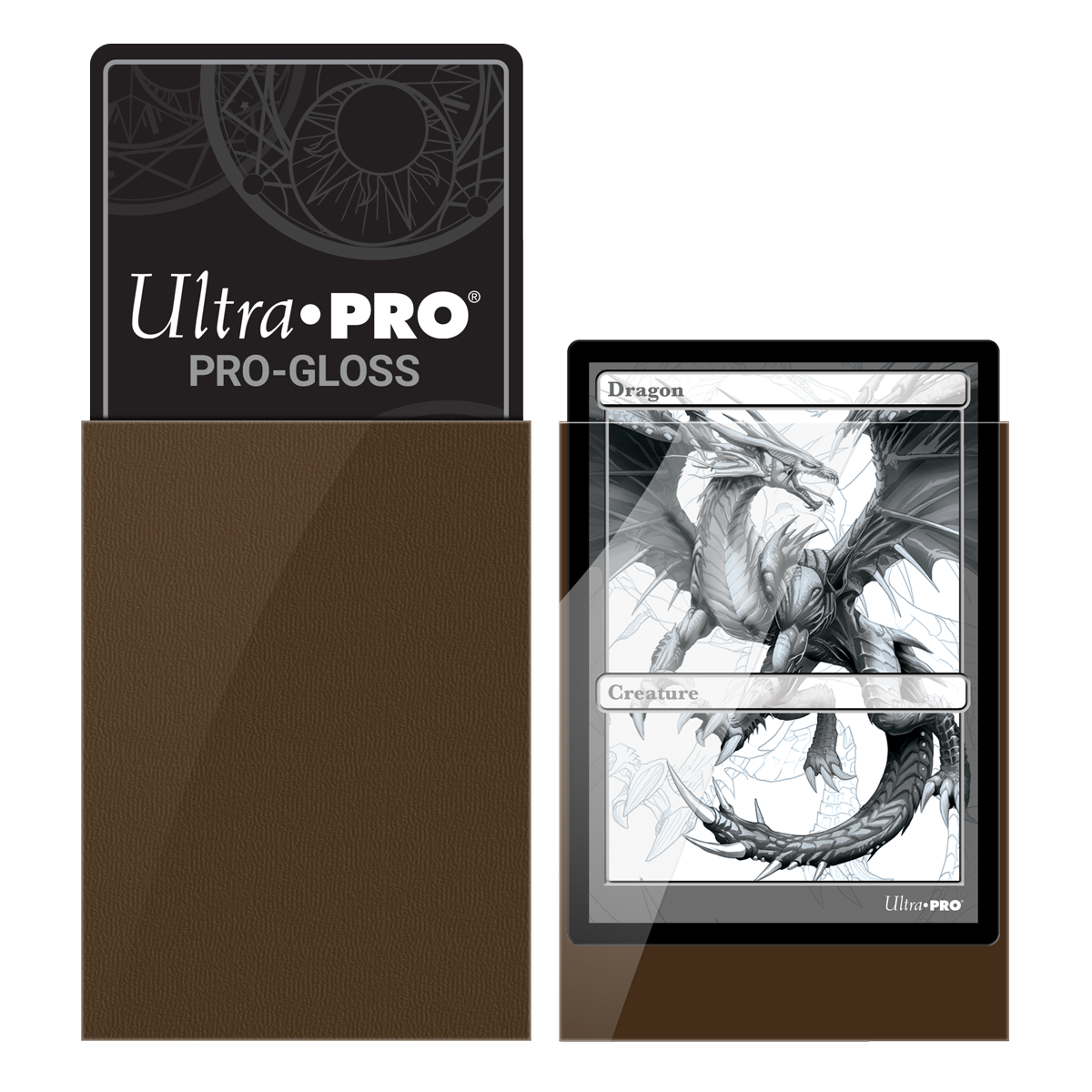 Ultra PRO PRO-GLOSS brown card sleeves: front view with a grayscale dragon card and a plain back view