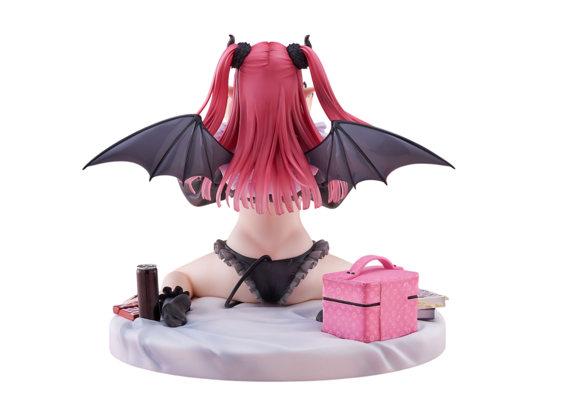 Back view of a Marin Kitagawa Liz Version anime figure with black bat wings, horns, and underwear, kneeling on a white sheet