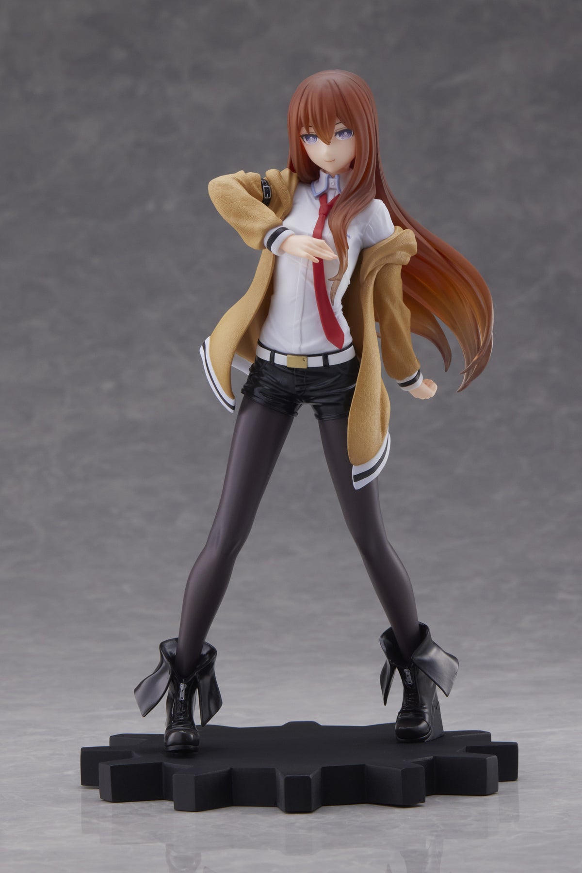 Kurisu Makise Coreful figure in white blouse and red tie with coat draped over shoulders