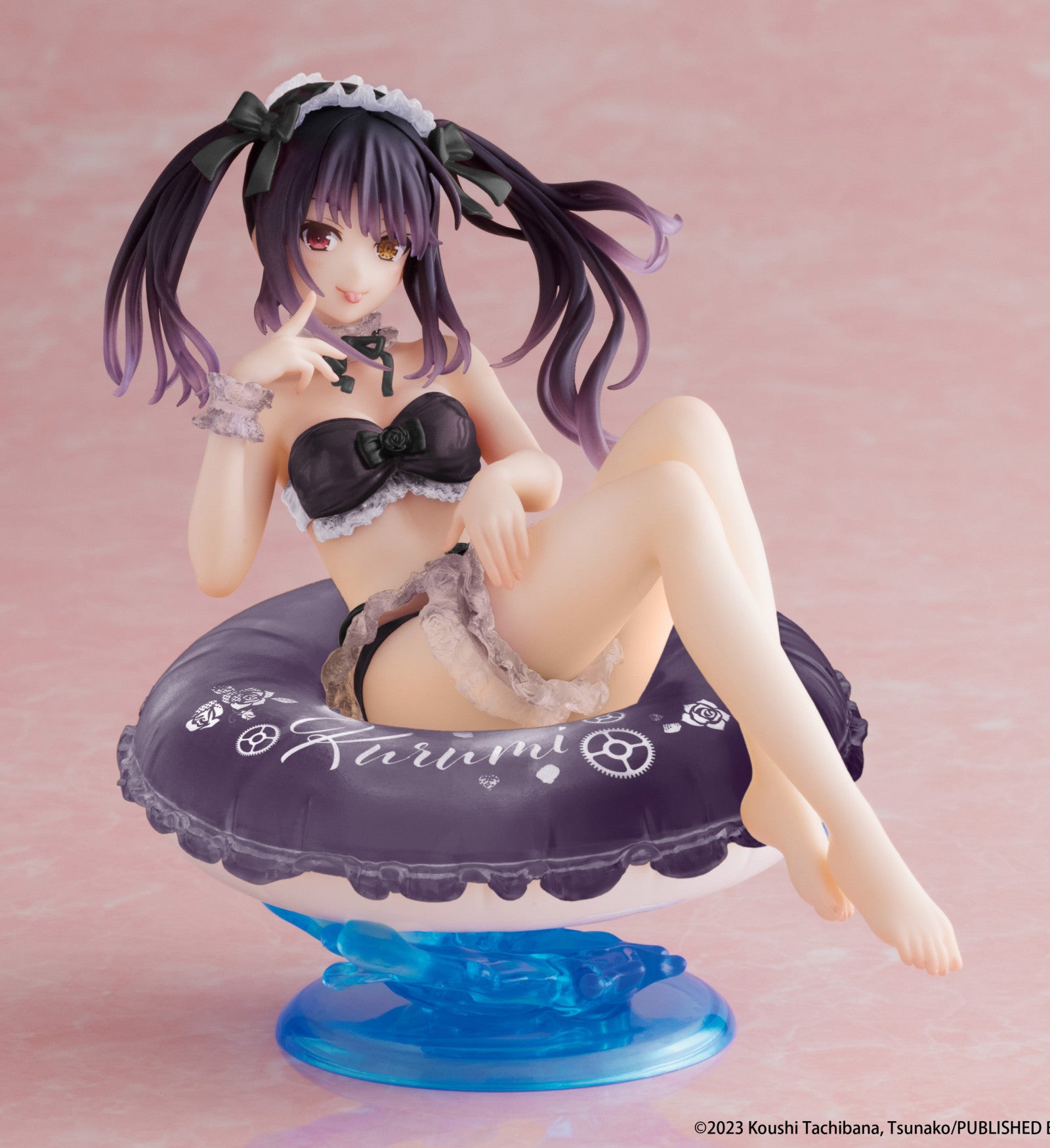 The Taito Date A Live IV Aqua Float Girls Kurumi Tokisaki figure shows her playfully posing in a black bikini on a purple float inscribed with her name, displaying her unique eyes and twin tails