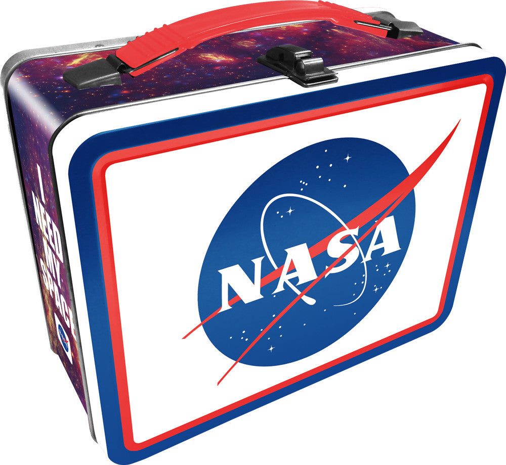 NASA space themed metal lunch box with red handle and galaxy design