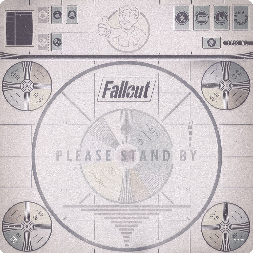 Fallout Please Stand By Gamemat from Fantasy Flight Games featuring a vintage screen test pattern with the Fallout logo and Vault Boy giving a thumbs up