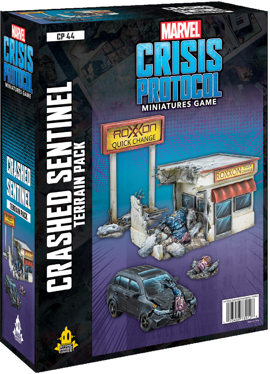 Box front of Marvel: Crisis Protocol – Crashed Sentinel Terrain Pack featuring dynamic artwork of a downed Sentinel robot in a cityscape