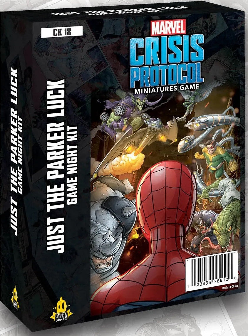 Marvel Crisis Protocol Just the Parker Luck Game Night Kit box featuring Spider-Man and villains like Green Goblin Doctor Octopus and Rhino