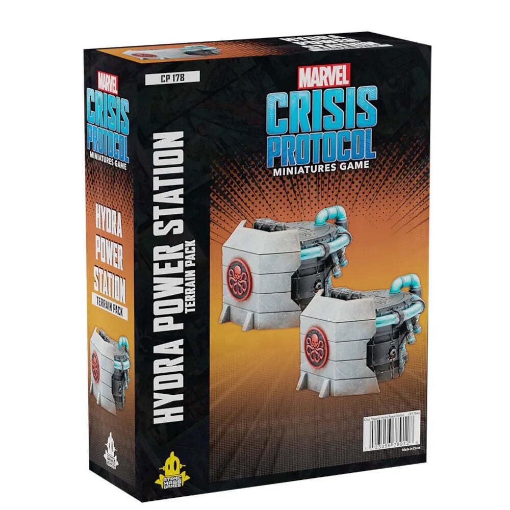 A rectangular box for the Marvel Crisis Protocol Hydra Power Station Terrain Pack displaying two grey and black power station models with red Hydra symbols