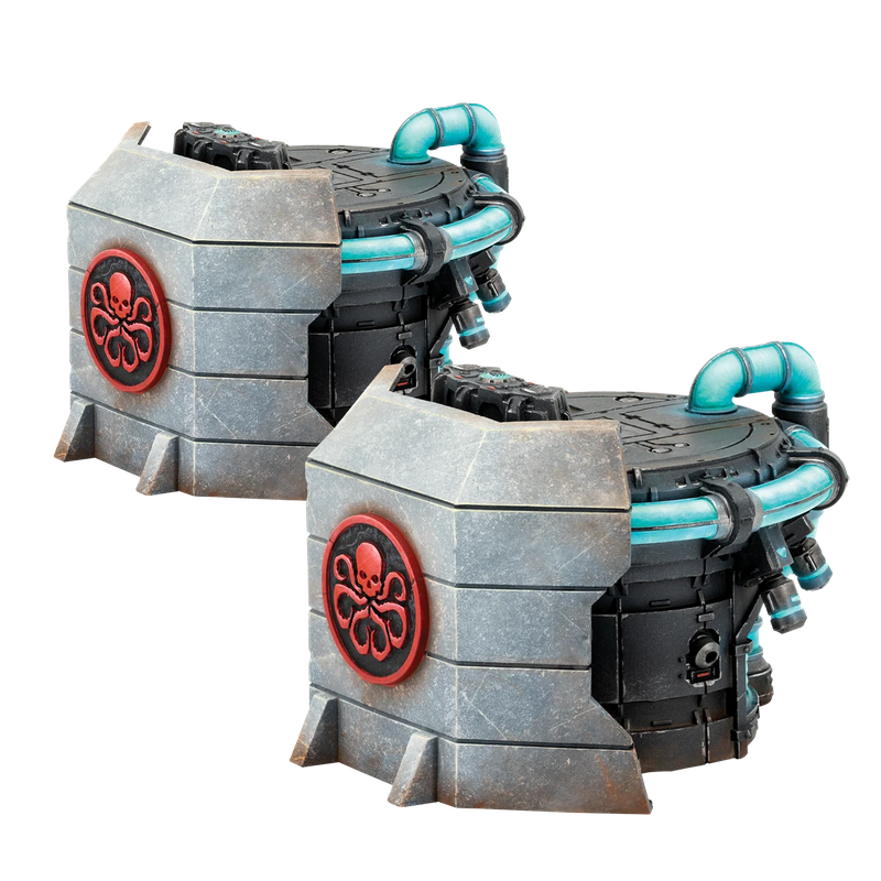 Two grey and black Marvel Crisis Protocol Hydra Power Stations, each with light blue pipes and a red Hydra logo